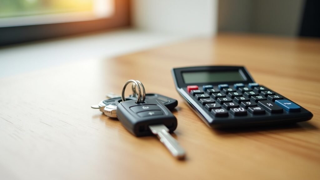 Calculator and car keys on desk