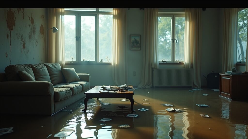 Flooded living room damage