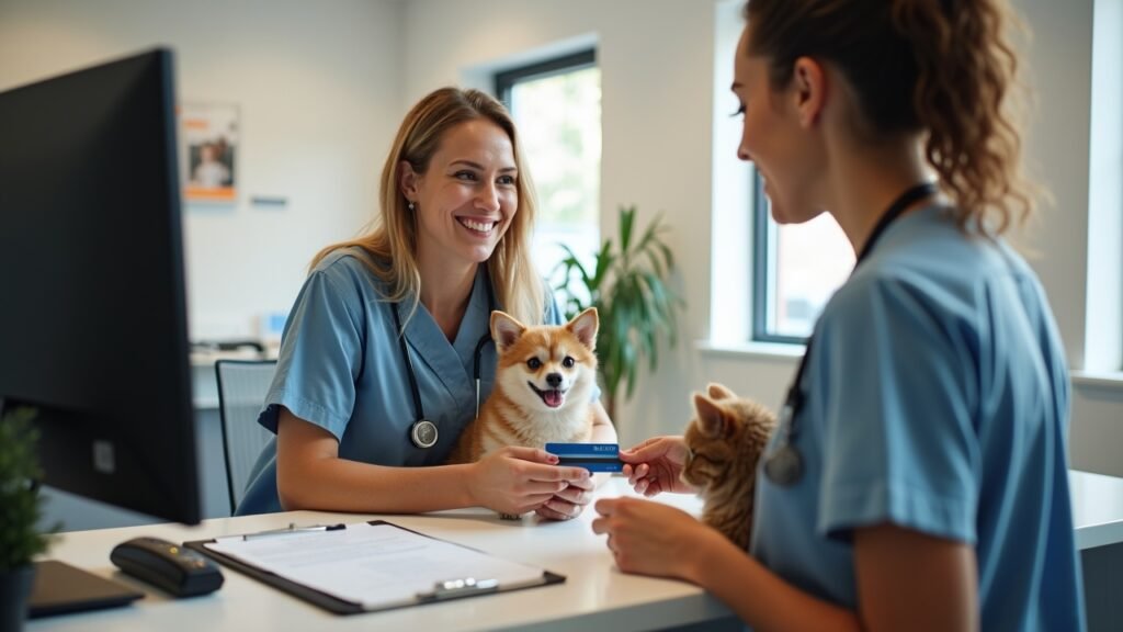 Pet owner paying vet bill