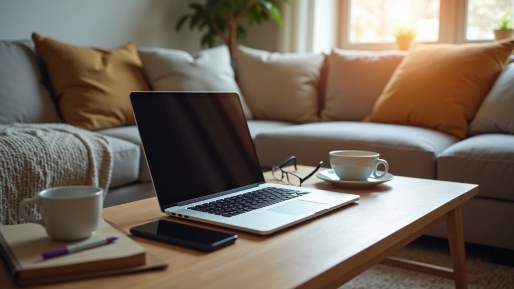 Laptop and belongings in living room