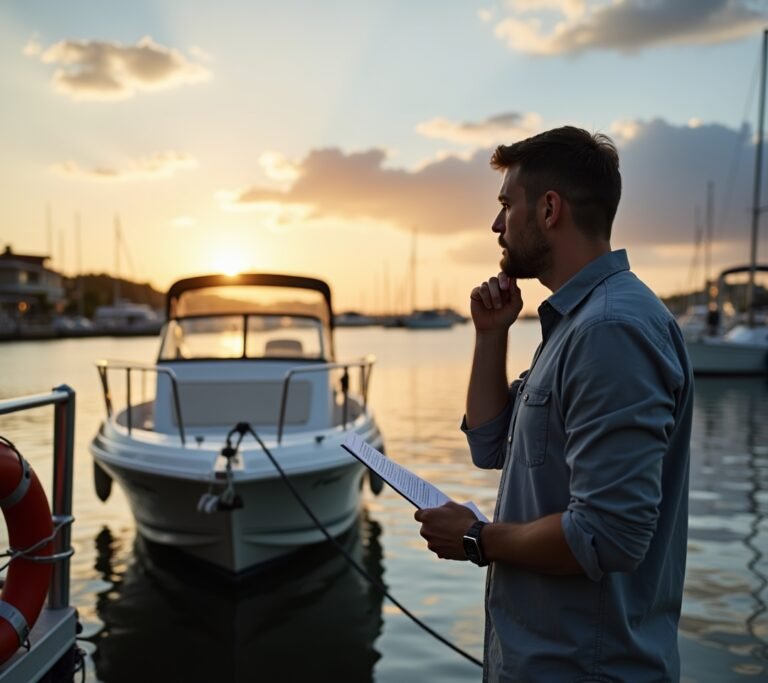 Boat on calm lake at sunset
