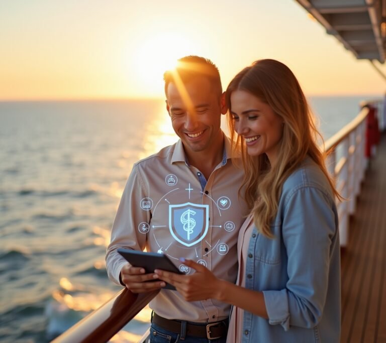 Cruise ship at sea at sunset